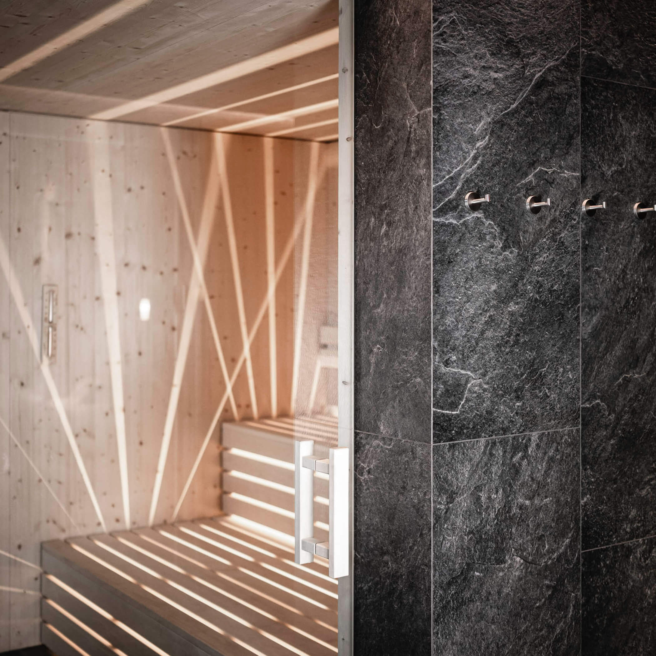 Vista attraverso la porta di vetro della biosauna - OLM Nature Escape